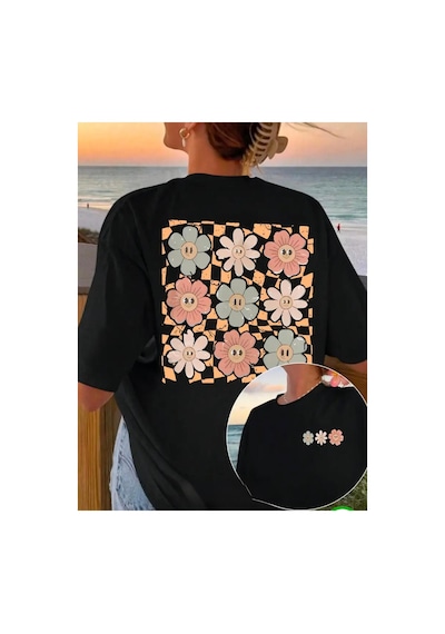 Medinenur Ön Ve Arka Çoklu Çiçek Baskılı Basic T-shirt Siyah