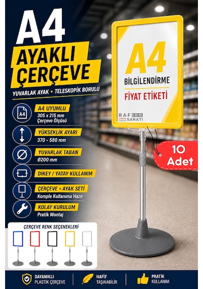 10 Adet - A4 Ayaklı Çerçeve Seti Yuvarlak Tabanlı Teleskopik Fiyat Etiketi Standı Sarı