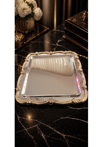 2'li Paslanmaz Çelik Gümüş Üzeri Gold Gül Figürlü Sunum Tepsisi Tek Kişilik Dekoratif Kare Servis Kahve Çay Tepsisi Altın - Gümüş 2'li Paslanmaz Çelik Gümüş Üzeri Gold Gül Figürlü Sunum Tepsisi Tek Kişilik Dekoratif Kare Servis Kahve Çay Tepsisi Altın - Gümüş