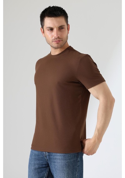 Erkek Fitilli Slim Fit Bisiklet Yaka Düz Renk T-shirt Kahverengi
