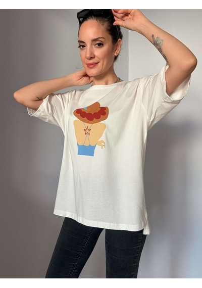 Ali Butik Ekru Kadın Baskılı Tişört Ekru