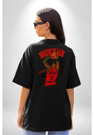 Rukawa Kaede Anime Basketbol Karakteri Pamuklu Unisex Oversize Sırt Dijital Baskılı Siyah T-shirt Siyah
