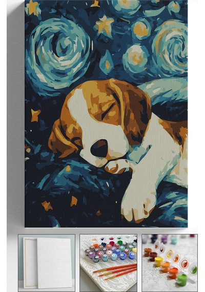 Sayılarla Boyama Seti Numaralı Tuval Fırça Boya Askı Aparatı Dahil Set 40x50 Cm - Yıldızlı Gece Köpek