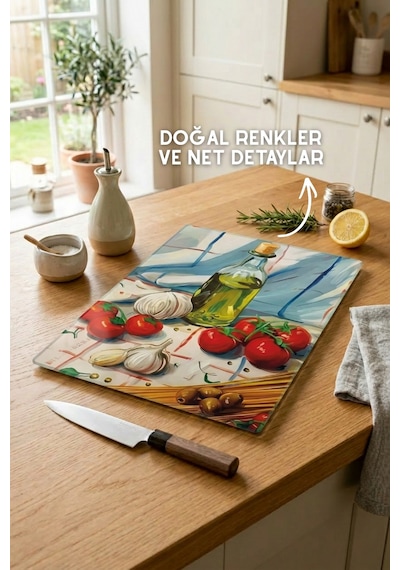 İtalyan Mutfak Desenli Cam Kesim Tahtası - 25x35cm -dayanıklı Ve Pratik Kesim Matı Çok Renkli