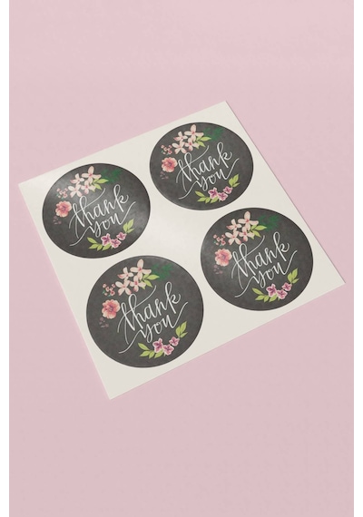 90 Adet Thank You Teşekkür Etiketi Siyah Çiçekli 3x3cm St2035 Çok Renkli