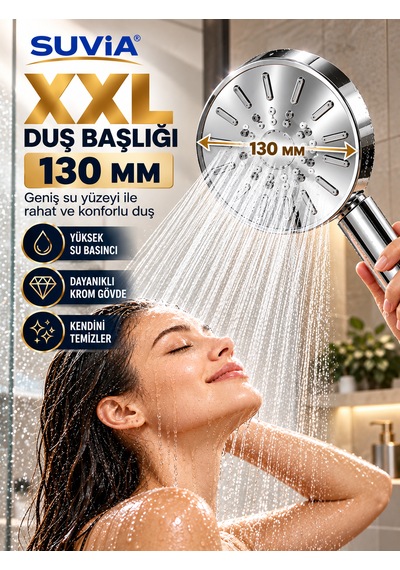 Duş Başlığı Xxl Duş Sistemi 5 Fonksiyonlu 130 Mm Geniş Başlık Yüksek Basınçlı Krom El Duşu