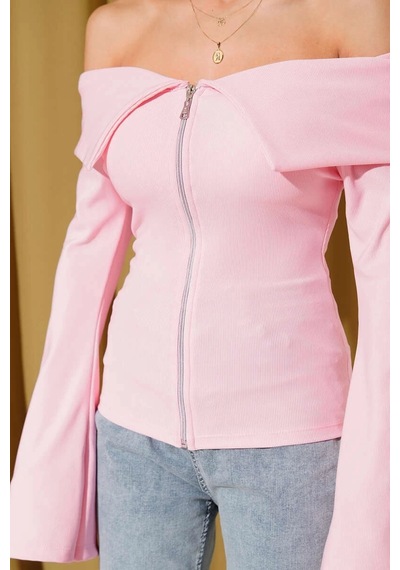 By Mop Omzu Açık Fermuarlı Bluz Pembe T4330 Pembe