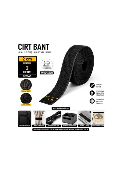 Paşateks Siyah Cırt Bant 2 Cm X 3 Metre Yapışkansız Velcro Bant Dikilebilir Kanca Hav Bant Seti