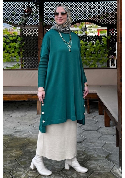 Rabia Şamlı Sevda Triko Tunik Zümrüt Çok Renkli