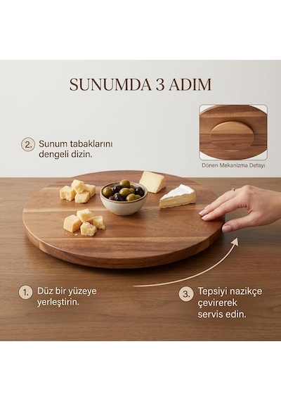 360 Dönerli Akasya Ahşap Sunum Tablası, 30 Cm Çap, 2 Cm Kalınlık, Yuvarlak Servis Tepsisi, Doğal Kahverengi, Kahvaltı, Peynir Ve Atıştırmalık Sunumu İçin, 1 Adet Çok Renkli