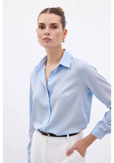 Sateen Düz Klasik Gömlek - Mavi-136998 Mavi