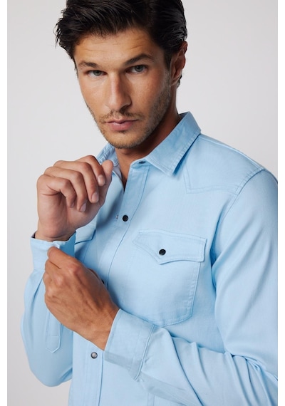 Tudors Slim Fit Gündelik Denim Mavi Erkek Gömlek-28026-mavi Mavi