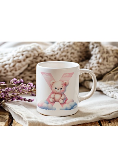 X Baş Harf Sevimli Ayıcık Detaylı Kupa Bardak, Tatlı Pembe Bardak Hediyesi - Teddy Figür Beyaz
