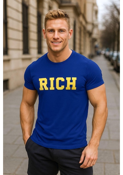 Rich Erkek Nakış Baskılı T-shirt Mavi