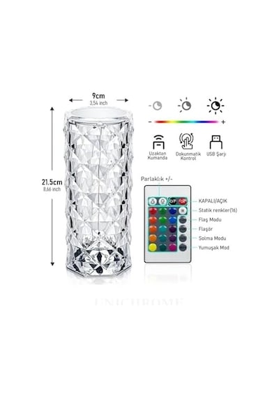 Kristal Elmas Led Dokunmatik Sensör Usb Şarjlı Masa Lambası Rgb Gece Lambası .