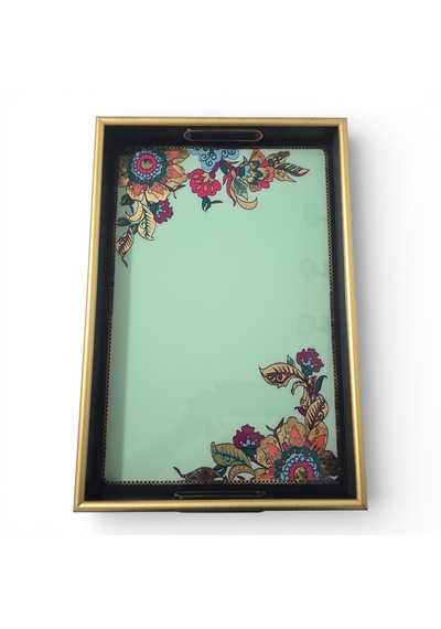 Sudedi Home Altın Çerçeveli Yeşil Floral Desenli Melamin Sunum Tepsisi 31x46 Cm Yeşil