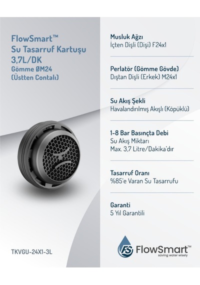 Flowsmart Gömme Su Tasarruflu Aeratör 3,7 L/dk. Øm24 %85 E Varan Tasarruf Üstten Contalı