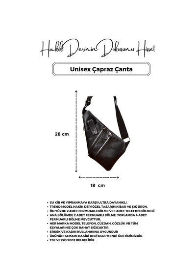 Unisex Siyah Hakiki Deri Çapraz Göğüs Çantası Ultra Kullanışlı Siyah