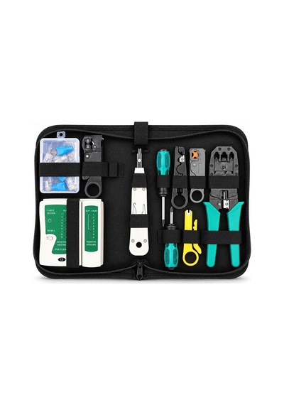 Ağ Alet Seti, Kablo Test Cihazı İle Rj45 Sıkma Aleti Seti, Punch Down Aleti, Tel Soyucular, Cat5 Cat5e Cat6 Ethernet Kablosu Onarımı İçin 10 Rj45 Konnektörler Ve Tornavidalar