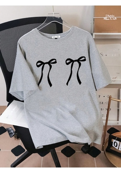 Uyguntarz Unisex Çift Kurdele Tasarım Basklı Tshirt Gri