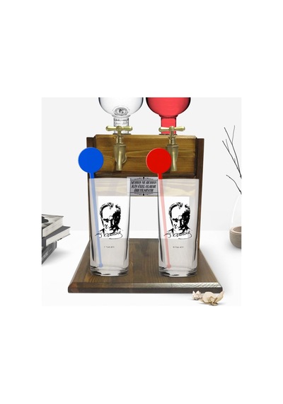 Kişiye Özel Renkli Baskılı Atatürk Temalı İkili Vodka Bardağı Ve Çift Musluklu Doğal Ahşap Vodka Standı-13