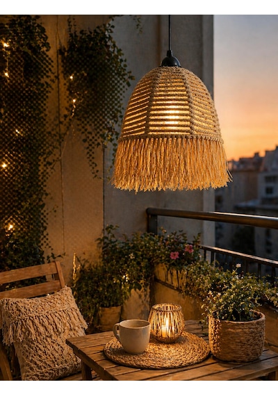 El Yapımı Hasır Jüt Halat - Rafya Bohem Avize - Kafe, Balkon, Hol, Salon Avize