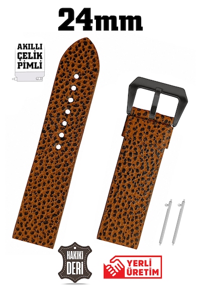 24mm Kahverengi Leopar Desenli Spor Hakiki Deri Saat Kordonu Kayış Akıllı Pimli Siyah