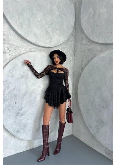 Dip Moda Kadın Bolero Detaylı Güpür Prenses Elbise Dpnbdf107 Siyah