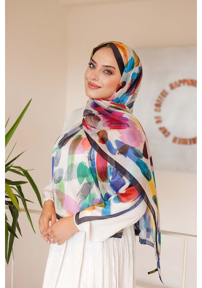 Mimiyum Nayf İpek Şal Pastel Desen - Lacivert - Turuncu