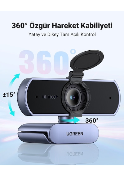 Ugreen Full Hd 1080p Webcam Çift Mikrofonlu, Net Görüntü, Otomatik Işık Ayarı, Gizlilik Kapaklı, 15728