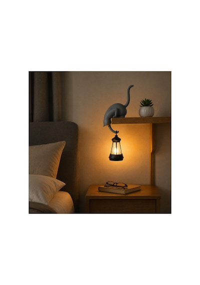Modern & Şık - Minimalist Kedi Tasarımlı Dekoratif Raf Lambası Gece Lambası Açık 46657672