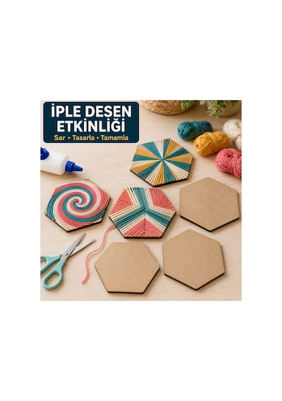 Arliadesign Çukurova Ahşap Lazer Kendin Yap 6 Lı Altıgen Bardak Altlığı Seti Standlı 10x10 Cm Ham Mdf