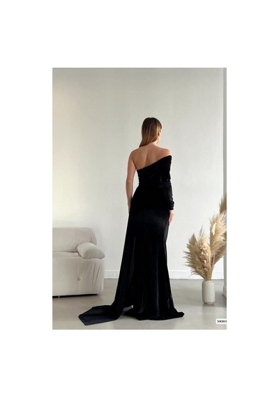 DefyModa Kadın Vintage Tek Omuz Kuyruklu Balık Kesim Abiye Elbise Siyah