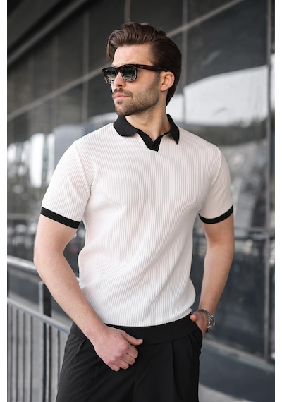 Madmext Beyaz Polo Yaka Triko Erkek Tişört E7464 Beyaz