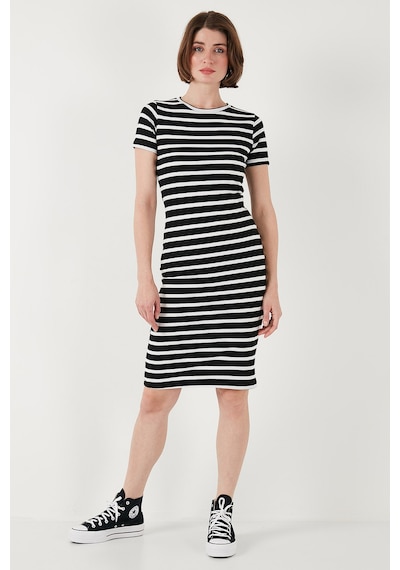 Lela Slim Fit Çizgili Pamuklu Bisiklet Yaka Kısa Kollu Midi Bayan Elbise 5865700 Siyah-Beyaz