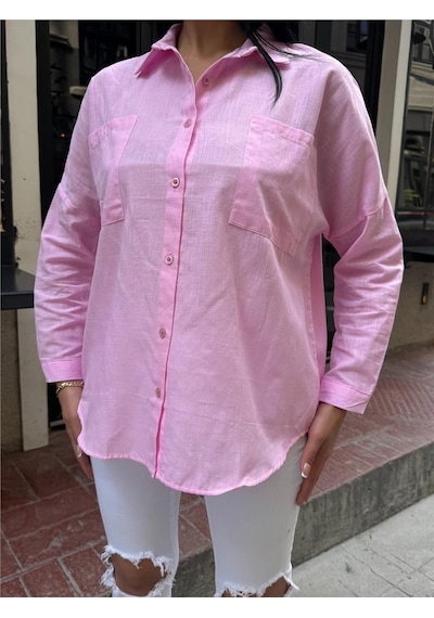 WeShaya Pembe Oversize Pamuk Karışımlı Cepli Gömlek Pembe