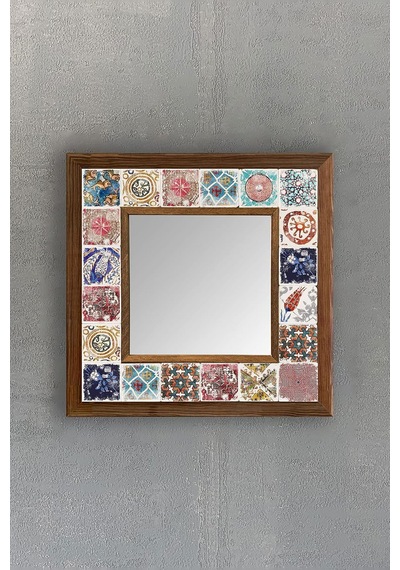 Tr Oscar Stone Ahşap Çerçeveli Mozaik Doğaltaş Ayna 33 Cm X 33 Cm Etnik Eskitme Desen Diğer