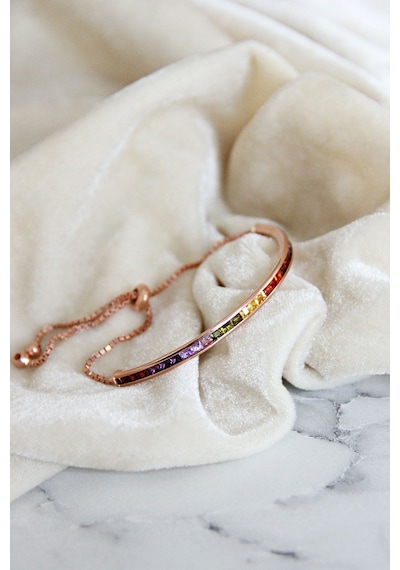 925 Ayar Gümüş Renkli Baget Taşlı Asansörlü Bileklik - B083801 Rose Gold