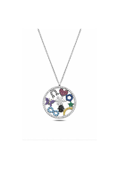 Çekirdekjewelry 925 Ayar Gümüş Rodyum Kaplama Zirkon Taşlı Sembollü Yuvarlak Kolye Gri