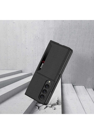 Samsung Uyumlu Galaxy Z Fold 4 Kılıf Kartlıklı Karbon Korumalı Kapak Siyah