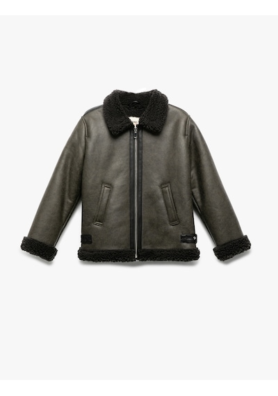 Koton Peluş Detaylı Gömlek Yaka Uzun Kollu Oversize Biker Ceket Haki 6wkg20039aw Haki