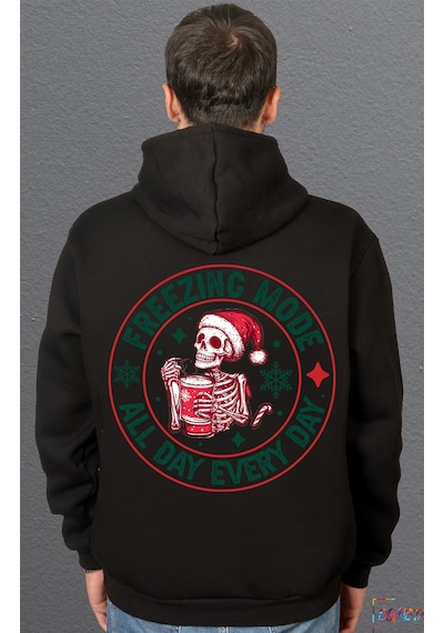 Bumeta Freezing Mode Christmas Yeniyıl Sweatshirt Unisex Kapüşonlu Hoodie Siyah