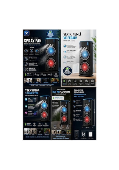 Çift Başlıklı Sprey Fan Nemlendirici Ve Renkli Led Işıklı Siyah Evimdeyokyok