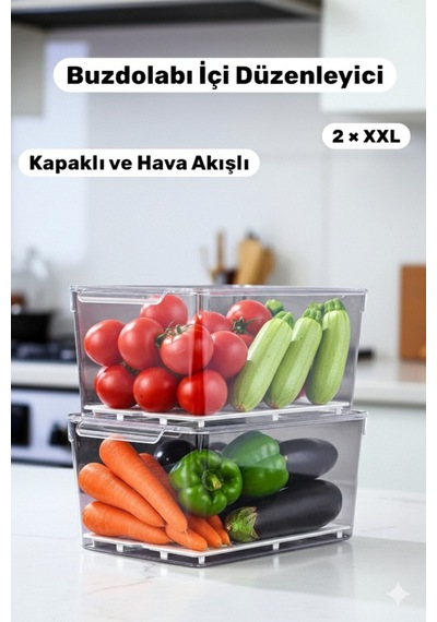 2 Adet Xxl Boy Buzdolabı İçi Düzenleyici Seti Şeffaf Buzdolabı Organizeri Saklama Kabı - 756524218 Diğer