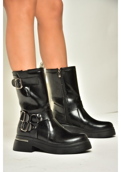 Fox Shoes T996333008 Siyah Rugan Kalın Tabanlı Kadın Bot Siyah-Rugan Siyah