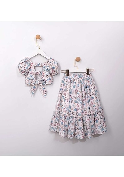 Ministok Alice Çiçek Desenli Kız Çocuk Crop Blüz Etek Takım Mavi