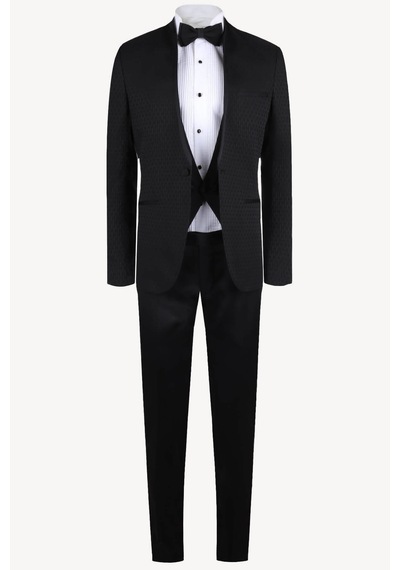 Ysf Erkek Siyah Slim Fit Hakim Yaka Yelekli Desenli Damatlık