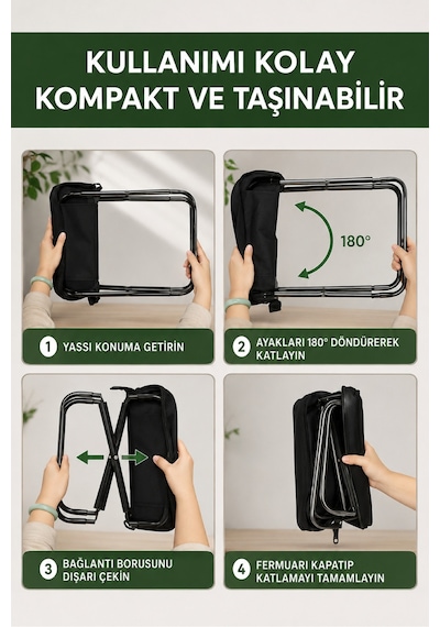 Kamp Taburesi Çantalı Katlanır Taşınabilir Hafif Dayanıklı Kaymaz Ayaklı Outdoor Oturma Sandalyesi Siyah