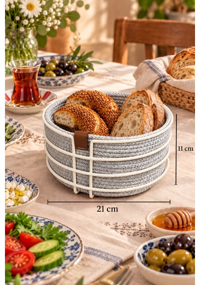 Bej Yuvarlak Ekmek Sepeti, Ekmeklik Sunum Sepeti, Buz Gri Makrome Çok Amaçlı Paslanmaz Metal Çok Renkli