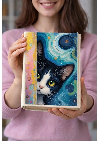 Kedi Desenli Bez Kitap Kılıfı Sanatsal Baskılı Kumaş Kitap Kabı, Kitap Koruyucu Kılıf